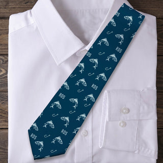 Fish hook neck tie with monogram