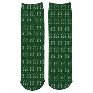 Initial Golf Clubs Green Pattern Adult Crew Socks