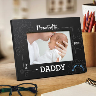 Promoted to Daddy Black Wood Frame with Blue Name