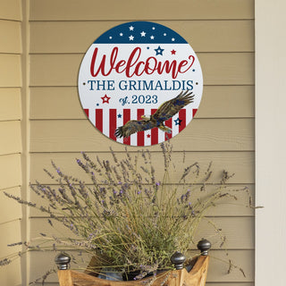 Welcome Patriotic Personalized Round Metal Sign