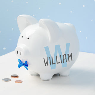 Blue Initial & Name Large White Resin Piggy Bank