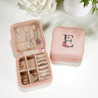 Pink Zip Travel Jewelry Case with Floral Butterfly Initial