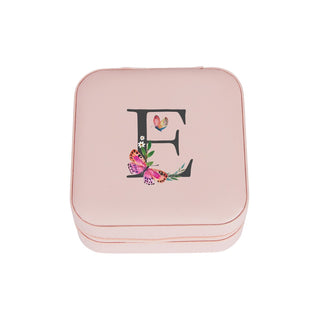 Pink Zip Travel Jewelry Case with Floral Butterfly Initial