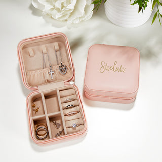 Pink Zip Travel Jewelry Case with Gold Tone Script