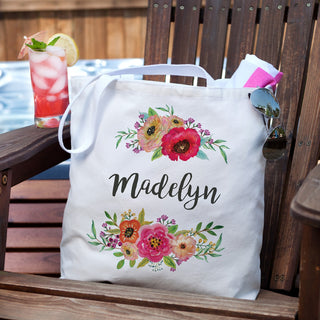 Pretty Floral Personalized White Tote