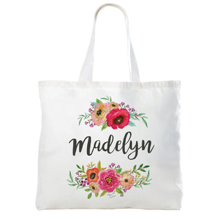 Pretty Floral Personalized White Tote