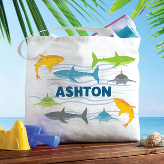 Blue Name Shark Pattern White Tote