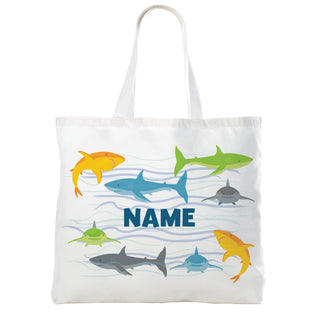 Blue Name Shark Pattern White Tote