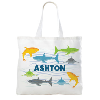 Blue Name Shark Pattern White Tote