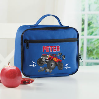 Red Monster Truck on Personalized Blue Lunch Bag