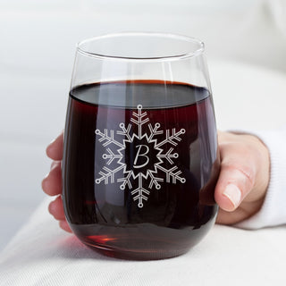 Single Initial Snowflake Stemless Wine Glass