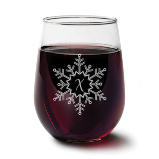 Single Initial Snowflake Stemless Wine Glass