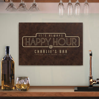 Happy Hour Personalized Brown Leather Canvas Bar Sign 12x18