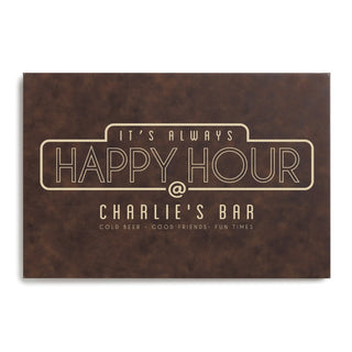 Happy Hour Personalized Brown Leather Canvas Bar Sign 12x18
