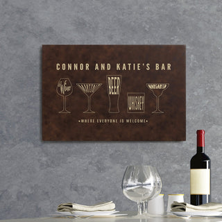 Cocktail Glasses Personalized Brown Leather Canvas Bar Sign 12x18