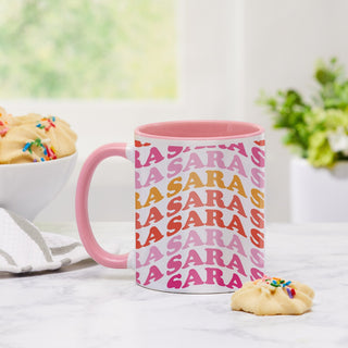 Wave Name Design Mug with Pink Rim and Handle
