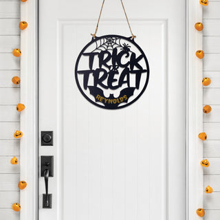 Trick or Treat Personalized Black Wood Door Hanger - 11.5"