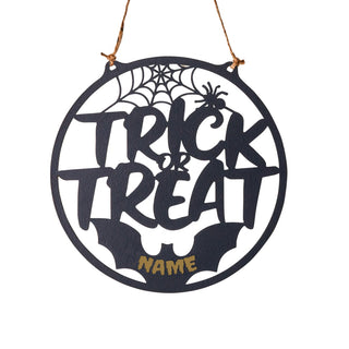 Trick or Treat Personalized Black Wood Door Hanger - 11.5"