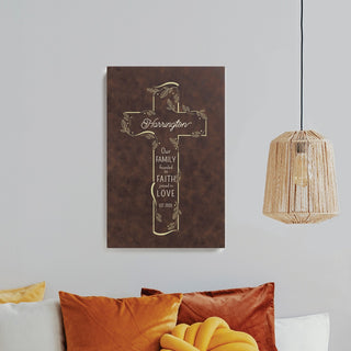 Family Cross Personalized Brown Leatherette Canvas