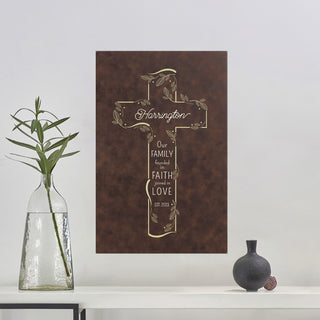 Family Cross Personalized Brown Leatherette Canvas 12x18