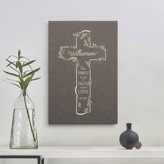 Family Cross Personalized Gray Leatherette Canvas