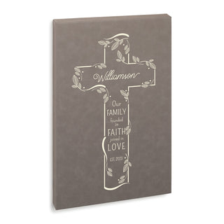 Family Cross Personalized Gray Leatherette Canvas 12x18