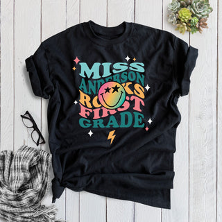 Teacher Rocks Retro  Adult Personalized Black T-Shirt