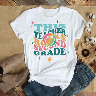 Teacher Rocks Retro  Adult Personalized White T-Shirt
