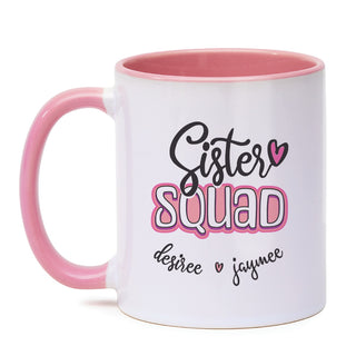 Sister Squad 11 oz Personalized White Mug with Pink Rim and Handle