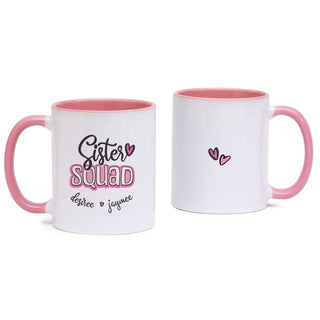 Sister Squad 11 oz Personalized White Mug with Pink Rim and Handle