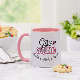 Sister Squad 11 oz Personalized White Mug with Pink Rim and Handle