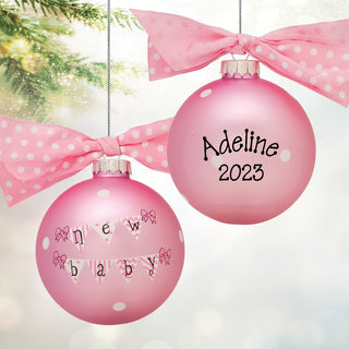 New Baby Girl Banner Pink Personalized Glass Ball Ornament