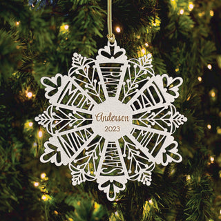 White Wood Family Snowflake Ornament with 6 Names 5.5"