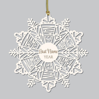 White Wood Family Snowflake Ornament with 6 Names 5.5"