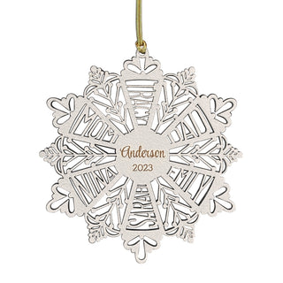 White Wood Family Snowflake Ornament with 6 Names 5.5"