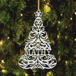 White Wood Tree Ornament with Name 5.5" x 3.5"