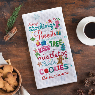 Festive Holiday Word Art Personalized Waffle Tea Towel