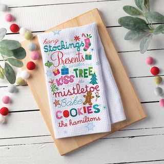 Festive Holiday Word Art Personalized Waffle Tea Towel