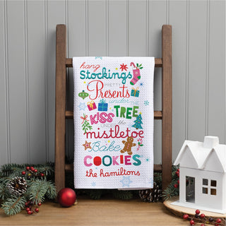 Festive Holiday Word Art Personalized Waffle Tea Towel