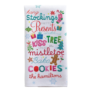 Festive Holiday Word Art Personalized Waffle Tea Towel