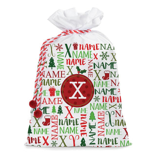 Holiday Name & Initial Pattern 18x27 Personalized Santa Sack
