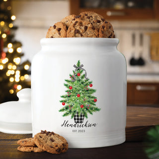 Christmas Tree Family Name White Ceramic Large Cookie Jar