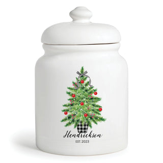 Christmas Tree Family Name White Ceramic Large Cookie Jar