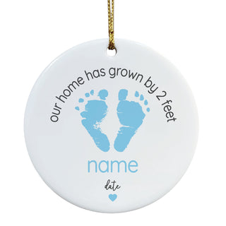 Our Home Has Grown By 2 Feet Baby Blue Personalized Round Ceramic Ornament