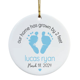 Our Home Has Grown By 2 Feet Baby Blue Personalized Round Ceramic Ornament
