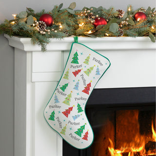 Whimsical Trees with Name Pattern Green Trim Christmas Stocking