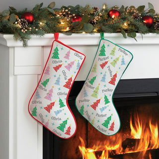 Whimsical Trees with Name Pattern Green Trim Christmas Stocking