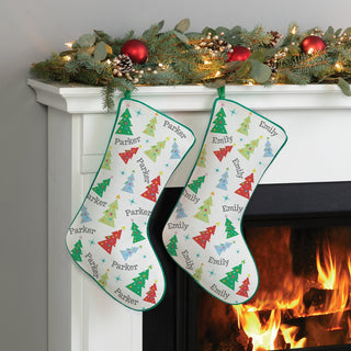 Whimsical Trees with Name Pattern Green Trim Christmas Stocking