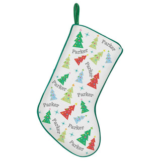 Whimsical Trees with Name Pattern Green Trim Christmas Stocking