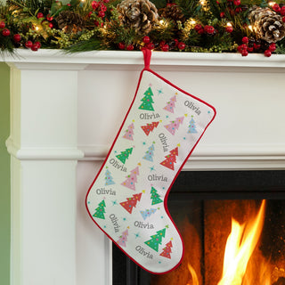 Whimsical Trees with Name Pattern Red Trim Christmas Stocking